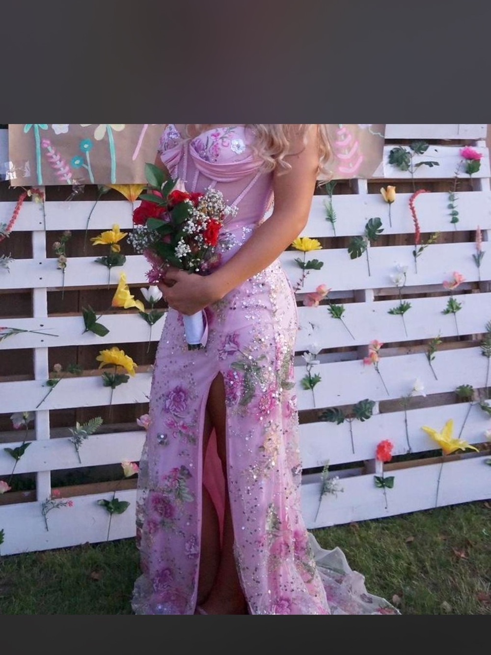 Sherri Hill Pink Floral Embellished Prom Gown with Front Slit